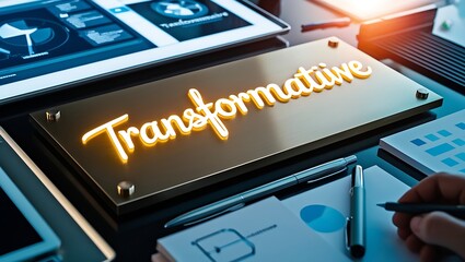 A gold sign displaying "Transformative" sits on a desk amongst digital devices and paperwork, suggesting business transformation and innovation.