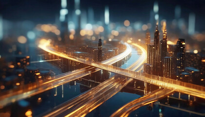 Fototapeta premium Cyber Metropolis: Glowing highways weave through a neon-lit skyline. Illuminated paths crisscross in harmony, creating a network of light in the city's nocturnal heart.