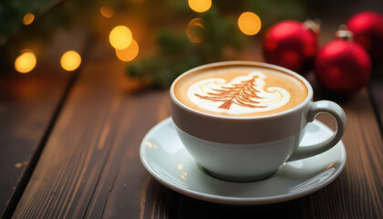 Obraz premium Festive coffee art in a cozy cafe holiday season beverage photography warm indoor setting aesthetic presentation