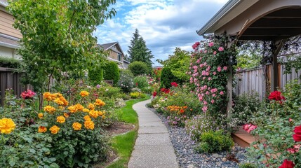 Naklejka premium Charming Garden Walkway with Colorful Flowers
