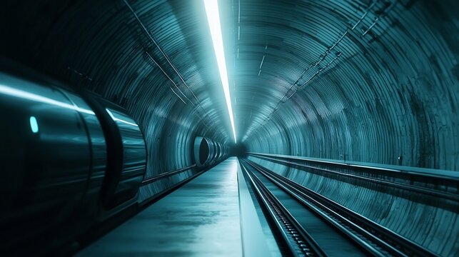 Futuristic electric hyperloop tunnel with smooth aerodynamic pods ready to quickly and efficiently transport passengers to their destination