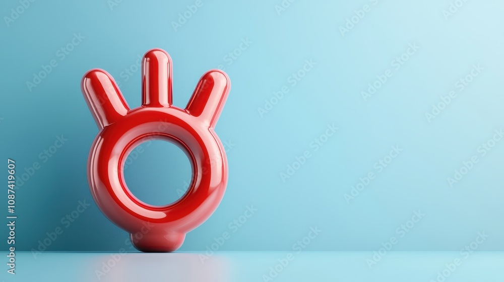 Poster a shiny red object shaped like a hand with three fingers, set against a soft blue background, creati