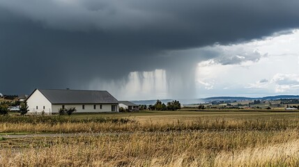 Stormy weather over rural landscape with house.