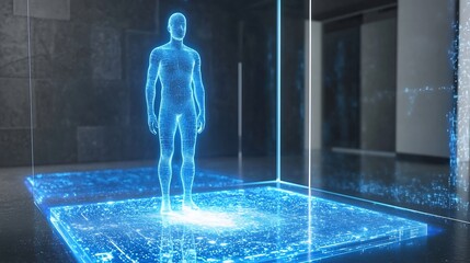 Futuristic holographic interface displaying a digital identity verification process in progress with biometric details and data analytics
