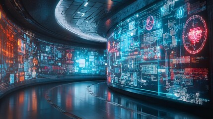 Futuristic logistics hub with blockchain screens displaying real time data and tracking of product movements and supply chain Conceptual visualization of advanced technology and automation in a