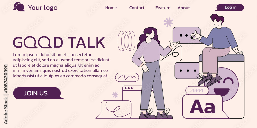 Poster people communication landing page. business dialogue. man opinion in talk interview. corporate speec
