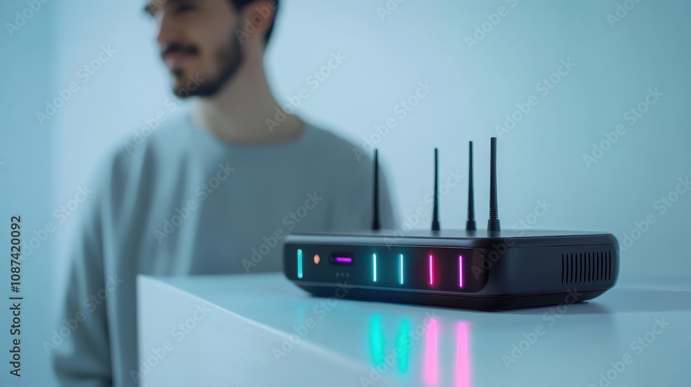 Poster man enjoys seamless connectivity of futuristic router, its sleek design and vibrant led lights addin