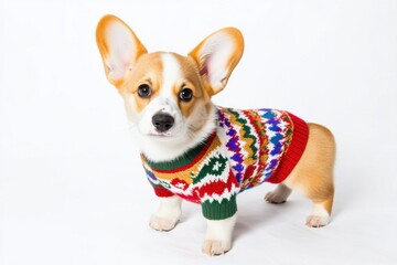 Christmas puppy knitted clothes A cute corgi wearing a colorful sweater poses against a white background, showcasing its playful personality and stylish outfit.
