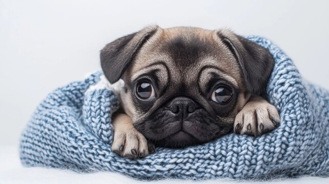 Christmas puppy knitted clothes A cute pug peeks out from a cozy blue blanket, showcasing its expressive eyes and adorable face.