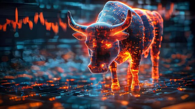 A glowing, abstract bull made of digital lines and patterns, representing bullish trends in the stock market and technological advancements