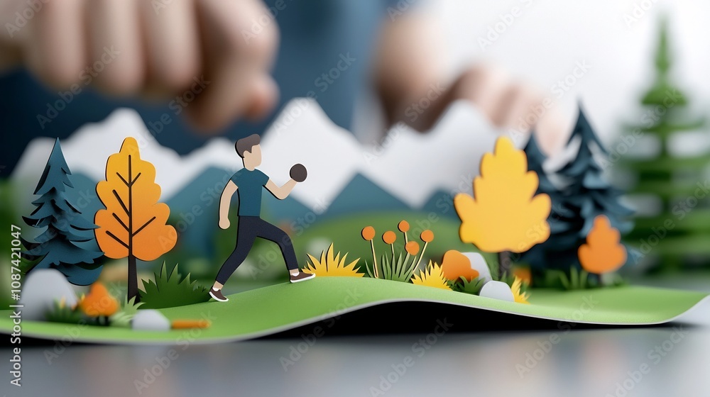 Poster fitness instructor leading outdoor exercise class in vibrant paper cut style with layered trees and 