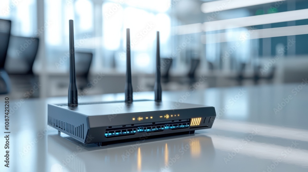 Poster modern router sits on white table in bright, spacious office, promising seamless connectivity. its m