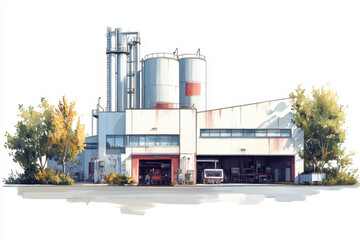 A modern industrial facility with silos, surrounded by greenery, showcasing a blend of machinery and nature.