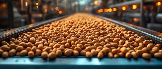 Fototapeta premium Peanut conveyor belt in a factory, shallow depth of field with soft focus on foreground peanuts, warm industrial lighting