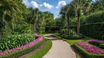 Obraz premium Beautiful Garden Pathway with Trimmed Flowers and Foliage