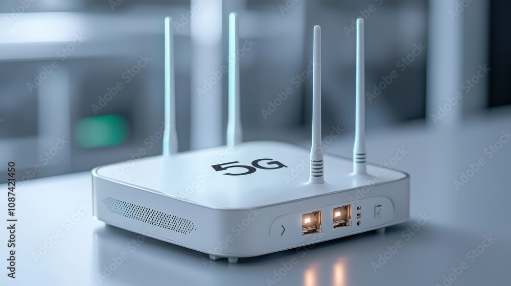 Poster white wireless router with four antennas sits on table, emanating warm glow from its power light, pr