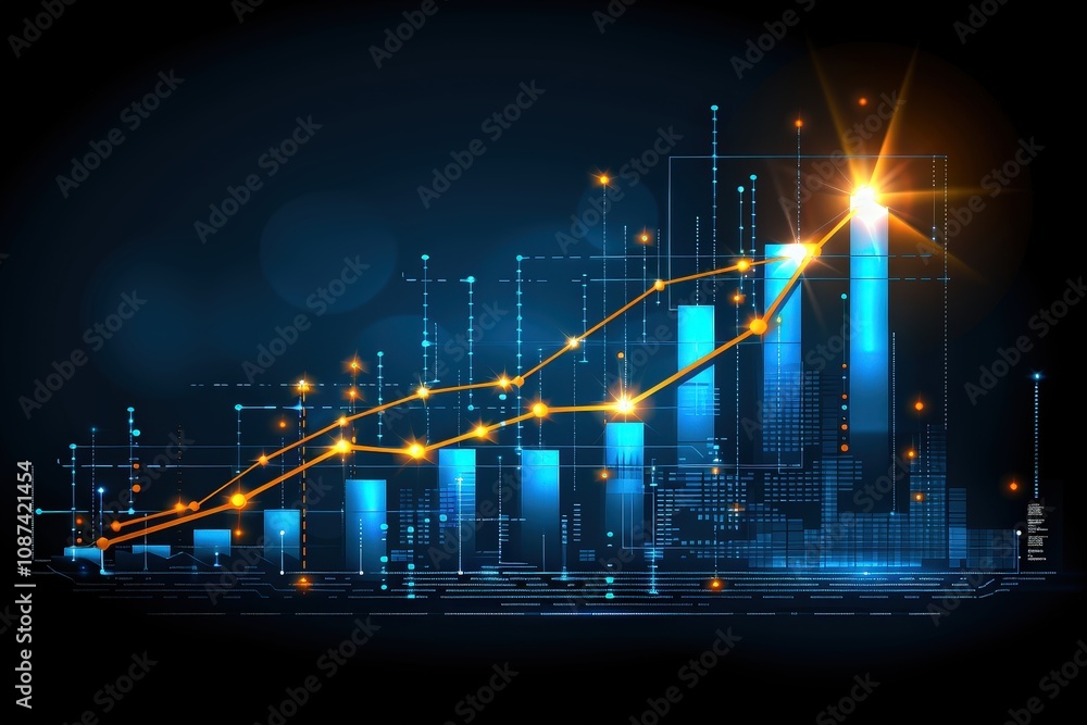 Poster a graph with a yellow line that is rising and is on a blue background