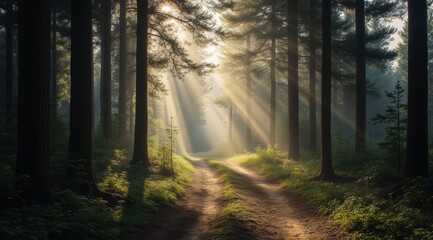 Serene forest pathway with sunlight rays