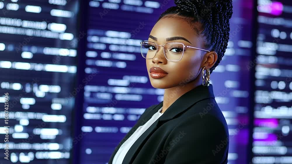 Poster a confident black cybersecurity analyst examines intricate data flows in a high-tech security office
