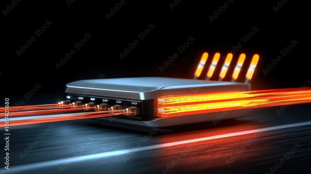 Poster time lapse effect of data transmission from router, depicted with glowing orange trails, symbolizing