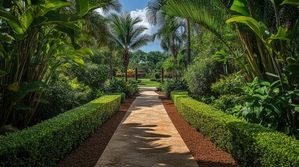 Obraz premium Serene Landscaped Pathway Through Manicured Bushes