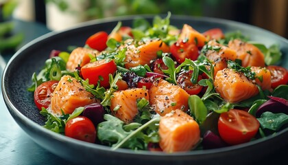 Salmon salad plate closeup, fresh greens and vegetables, healthy eating concept