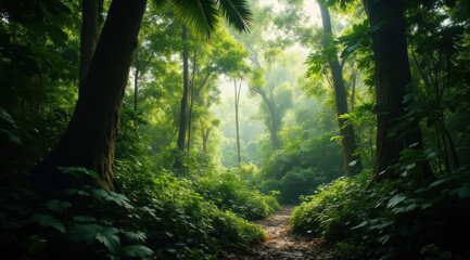 Lush forest path with vibrant greenery