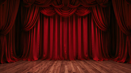 Fototapeta premium Theater stage with maroon red curtain with spotlight.Red open curtains and wooden stage.