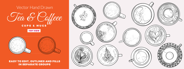 Vector hand drawn tea and coffee cups and mugs top view collection. Outline drinkware for coffee or tea menus. Isolated tea cups and coffee mugs with outlines and fills separate. 