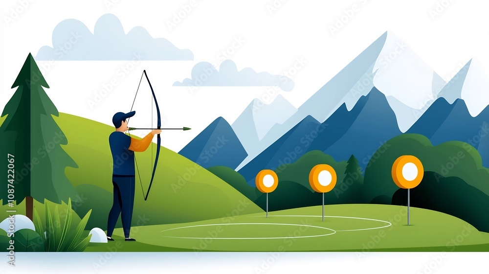 Poster flat design depicting an archery range with an instructor and archers practicing their skills in a l