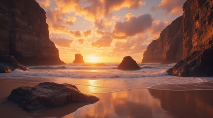 Stunning beach sunset reflecting on rocks