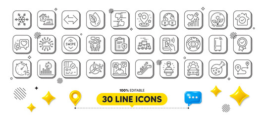 Incubator, Like and Voting campaign line icons pack. 3d design elements. Chemistry lab, Video conference, Heart beat web icon. Tested stamp, Heart, Report timer pictogram. Vector
