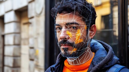 High Tech Facial Recognition System Scanning a Face and Displaying Digital Markers for Detailed Identity Analysis and Authentication  Futuristic Biometrics and Technology Concept