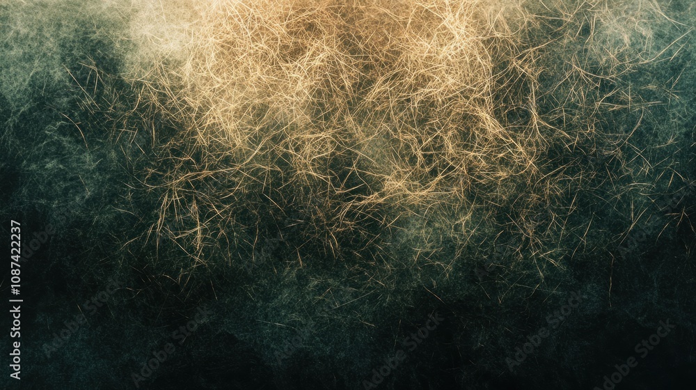 Poster abstract background of tangled golden threads on dark green