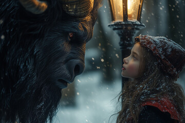 Close up of a little girl in the snow under a glowing lamp looking at a big fantasy animal with horns. 
