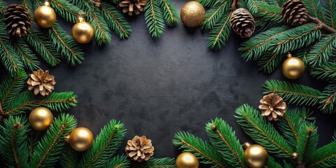 A Festive Frame of Evergreen Branches, Gilded Baubles, and Pine Cones on a Dark Background