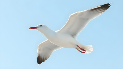 Fototapeta premium Seagull bird in flight isolated on blue sky background.