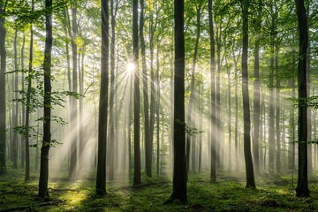 Fototapeta premium Serene Forest Light: Sunbeams Piercing Through Lush Green Trees
