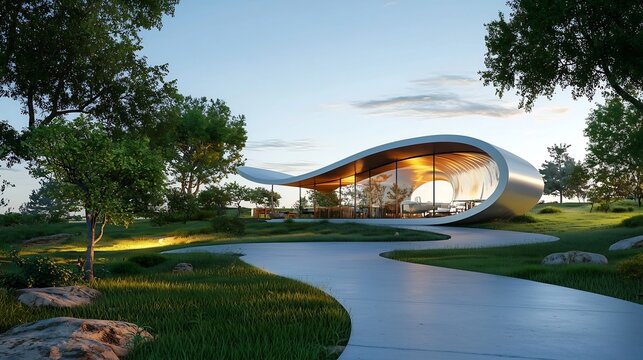 Innovative architectural design of a futuristic eco pavilion built with repurposed materials offering a unique and sustainable event space amid a natural landscape