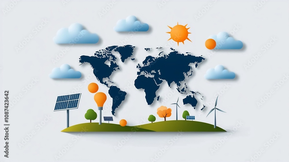 Poster flat design of a world map highlighting areas affected by climate change with icons representing ren