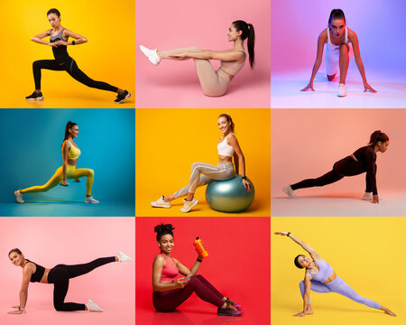 A diverse group of women performs different workout routines, showcasing flexibility and strength in vibrant colored backgrounds. Each woman displays unique exercises in a creative format.