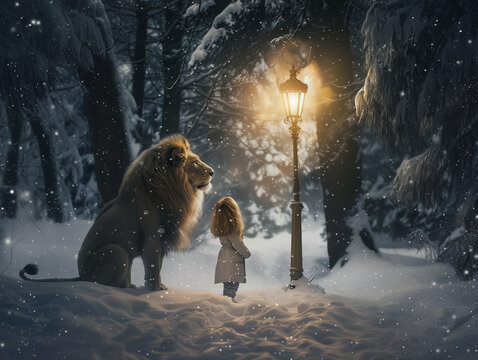 A little and a lion looking up at a lamp in a snowy winter wonderland. 