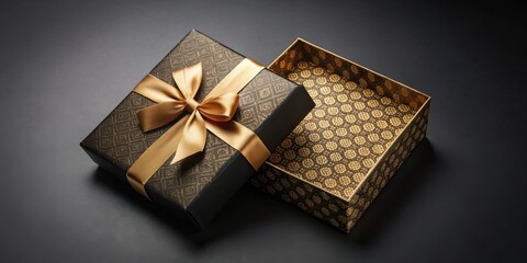 A black gift box with a gold bow and intricate patterned design, partially open, revealing the matching interior