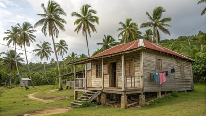 Rustic chattel house with weathered wooden walls and palm trees