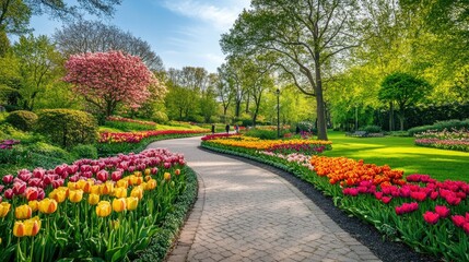 Obraz premium Vibrant Tulip Garden Pathway in Spring