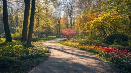 Fototapeta premium Scenic Spring Park with Colorful Flowers in Netherlands