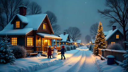 Fototapeta premium Magical Snowy Village Scene Depicting Joyful Christmas Eve Activities