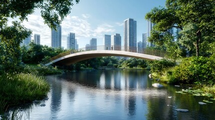 Fototapeta premium Innovative pedestrian bridge made from recycled composites seamlessly integrating with the urban environment and showcasing a sustainable eco friendly design approach