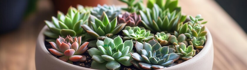 Fototapeta premium Arrangement of succulents in smooth pottery, focusing on natural textures, Botanical