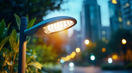 Innovative smart streetlight with upcycled electronic components illuminating a futuristic urban landscape at night showcasing sustainable public infrastructure and engineering progress